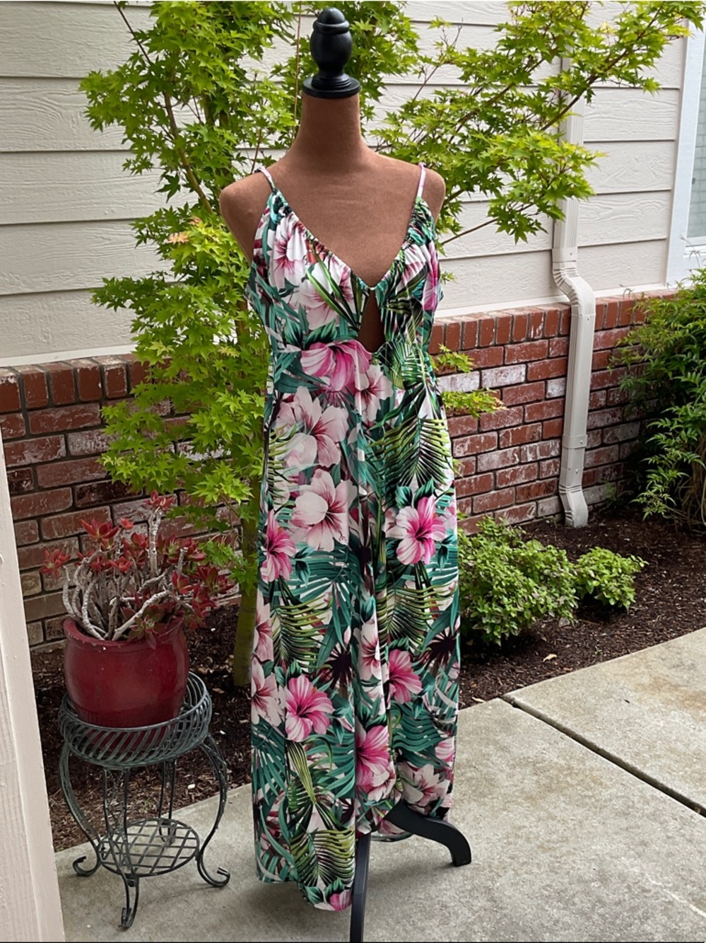 NSR Tropical Floral Maxi Dress in Green and Pink